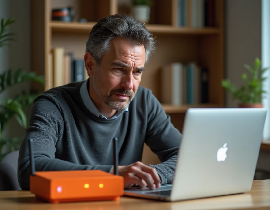 Homme consultant un code erreur S01-06 sur sa box Orange avec un ordinateur portable posé sur un bureau en bois