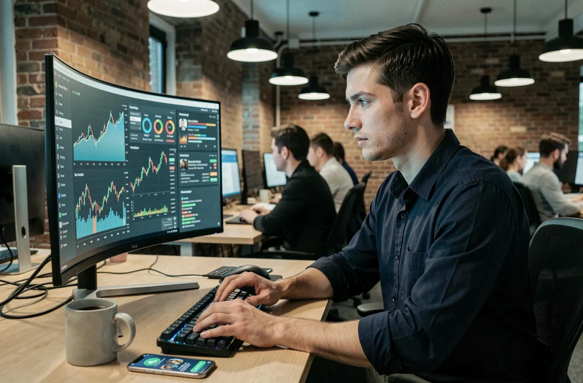 Jeune homme analysant des tableaux de bord financiers dans un espace de coworking pour optimiser ses revenus en ligne