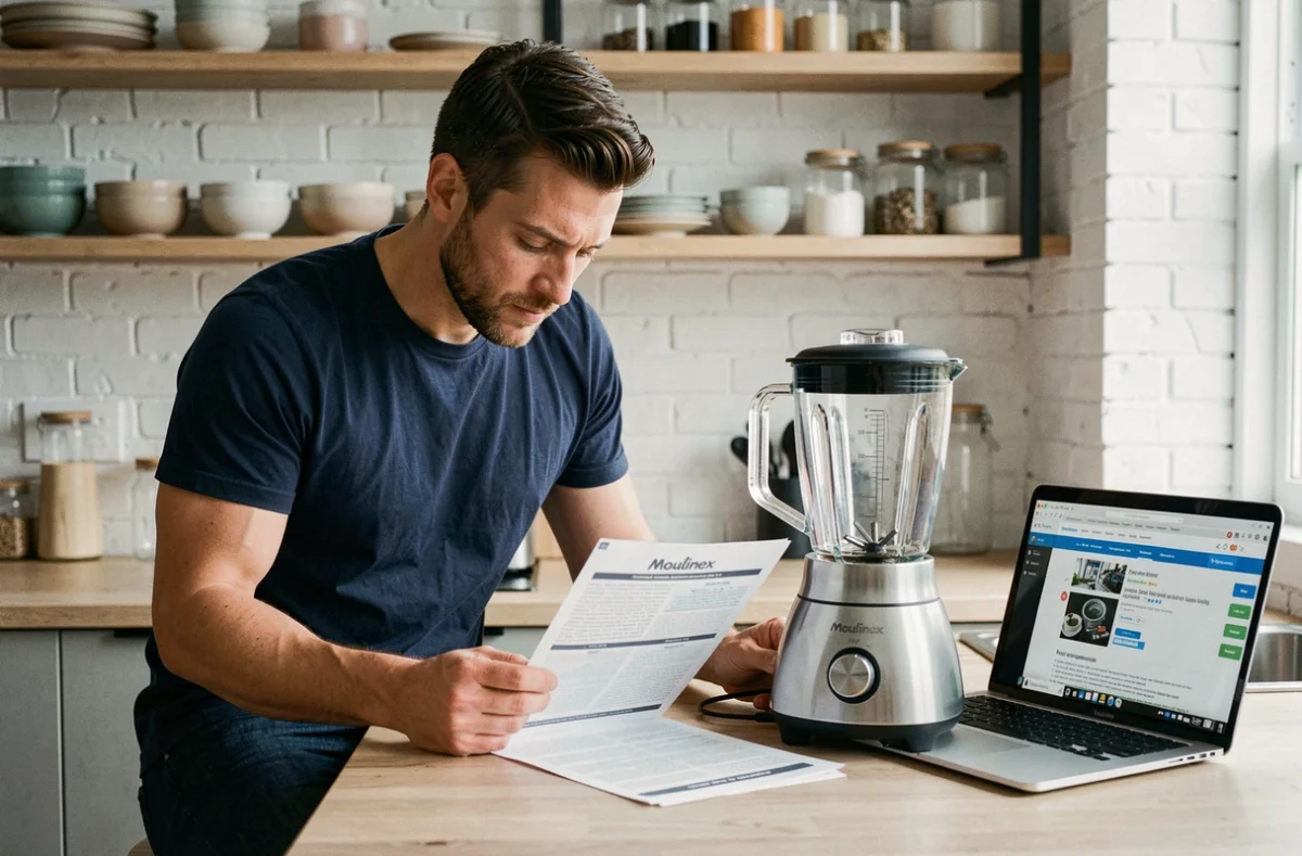 Homme consultant un guide de dépannage pour réparer un blender Moulinex Easy Soup dans une cuisine contemporaine