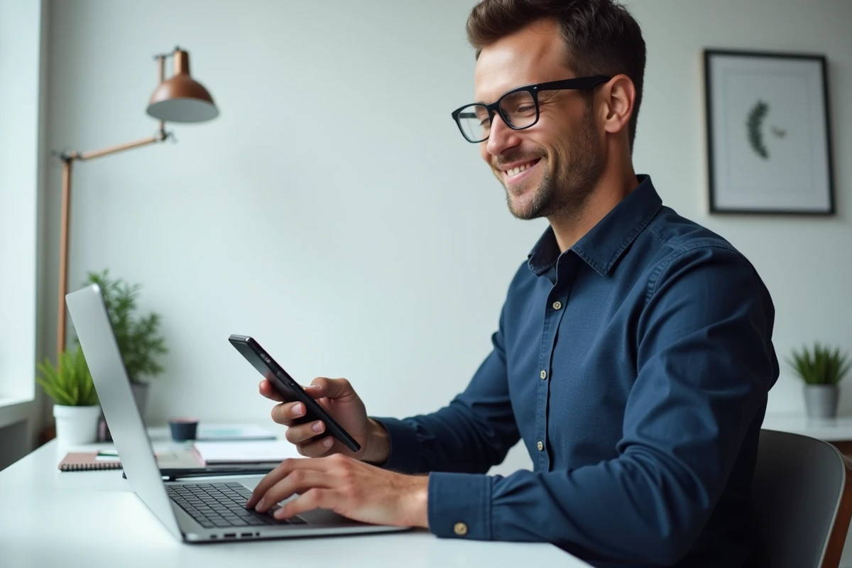 Homme gérant ses finances personnelles avec un ordinateur portable et une application mobile dans un bureau à domicile moderne