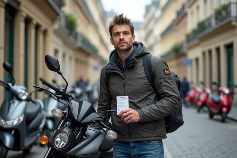 Homme français avec licence moto devant Yamaha Niken à Paris