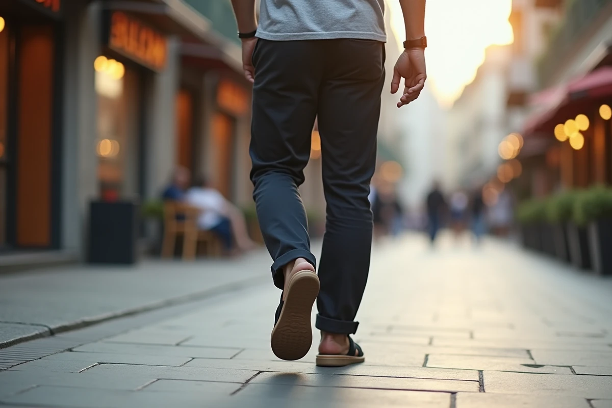 Homme portant des sandales Billowy orthopédiques en marchant sur un trottoir urbain