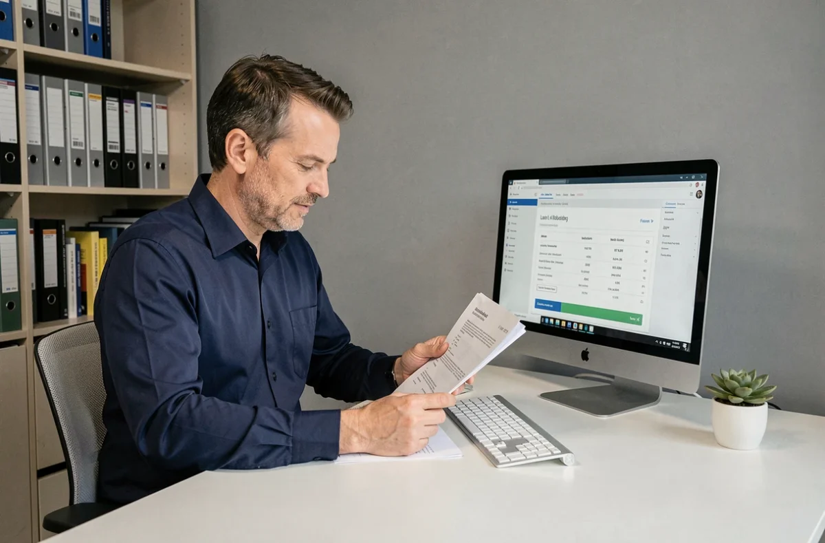 Homme comparant des offres de crédit en ligne au bureau avec des documents financiers