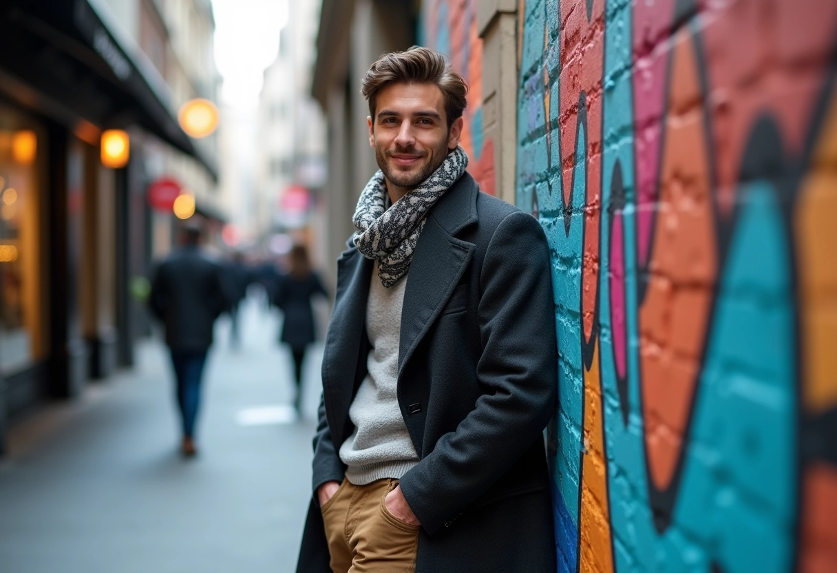 Jeune homme confiant dans une rue urbaine colorée