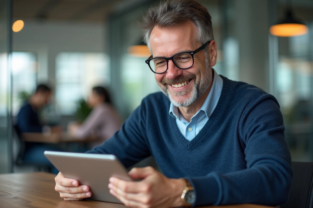 Homme souriant utilisant une tablette dans un espace de coworking