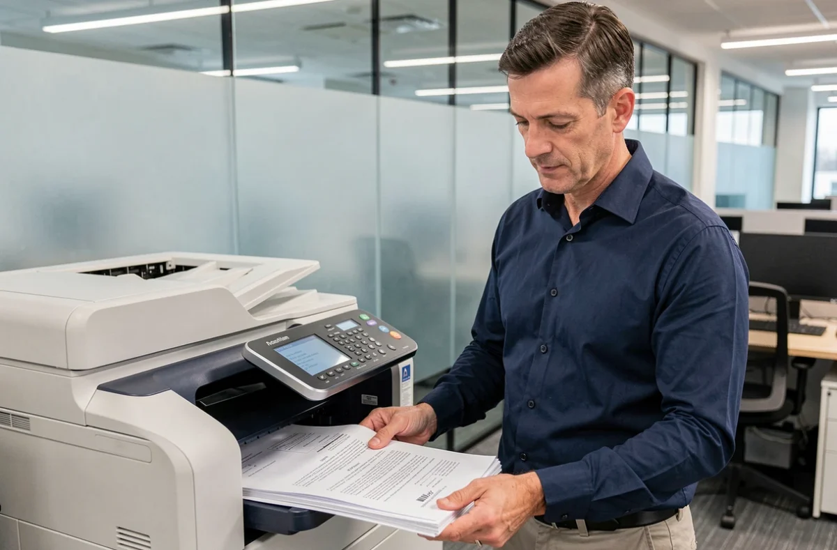 Homme récupérant des fichiers PDF imprimés sur plusieurs pages depuis une imprimante de bureau professionnelle