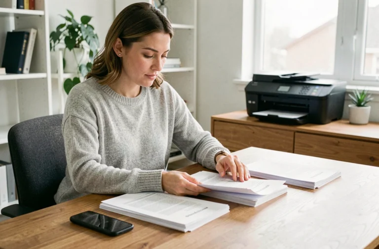 Femme organisant des documents PDF imprimés sur plusieurs pages à son bureau à domicile