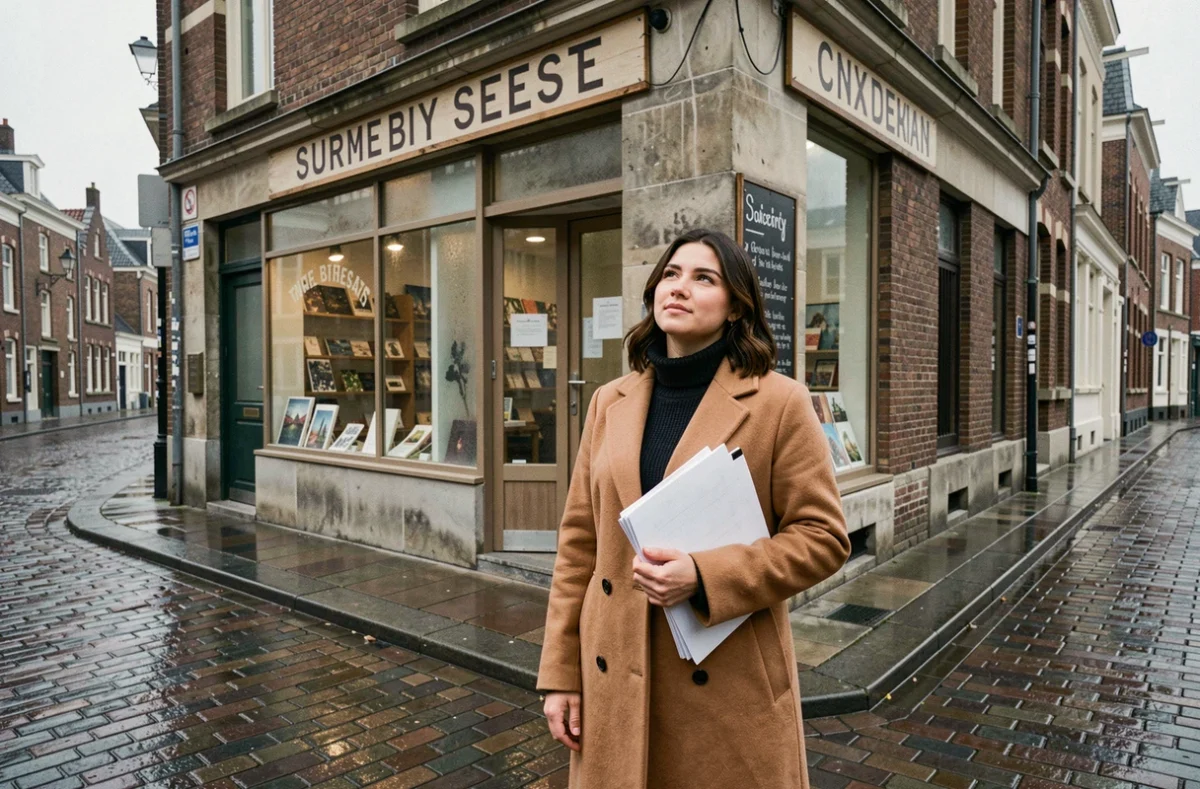 Femme soulagée devant une imprimerie ouverte le dimanche dans une rue pavée de Lille