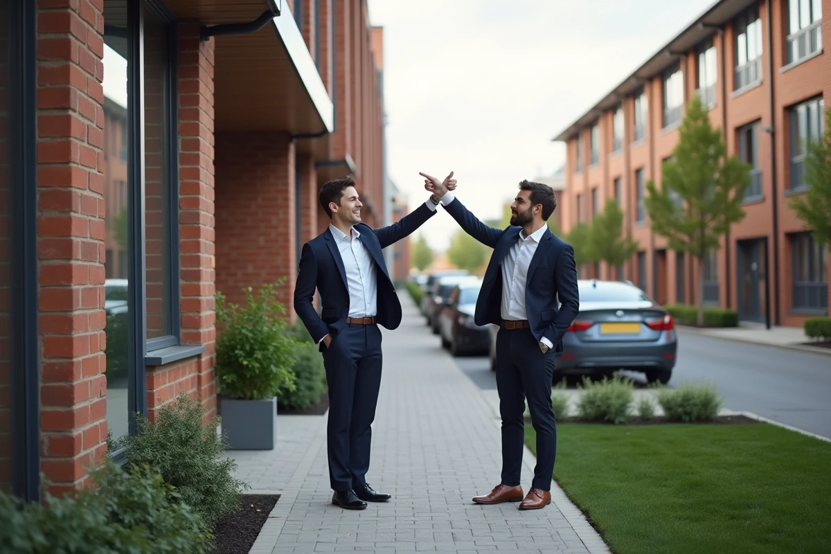 Jeune couple souriant devant un immeuble résidentiel