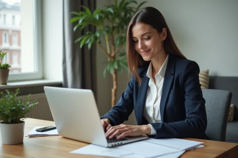 Jeune femme professionnelle travaillant sur son CV dans un bureau moderne