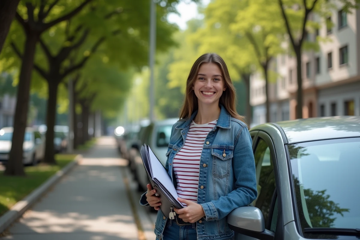 Jeune femme heureuse près de sa voiture en ville