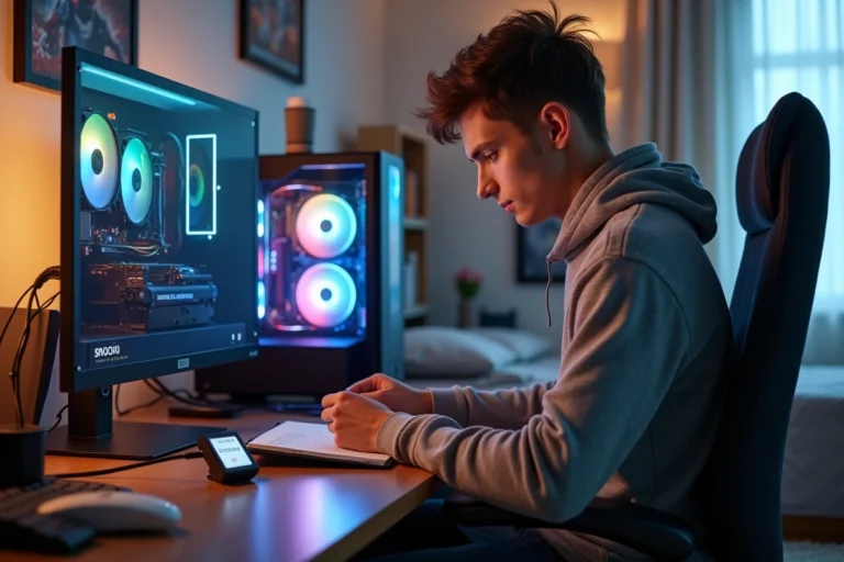 Jeune homme vérifiant la consommation électrique d'un PC gaming