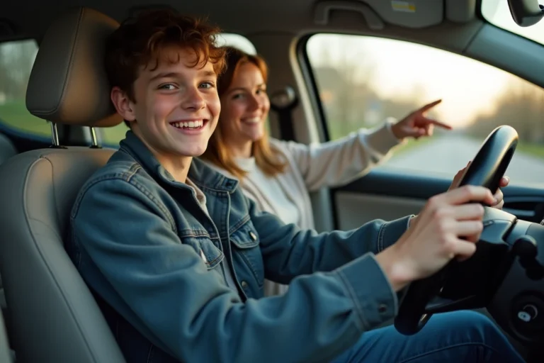 Jeune homme souriant dans une voiture moderne