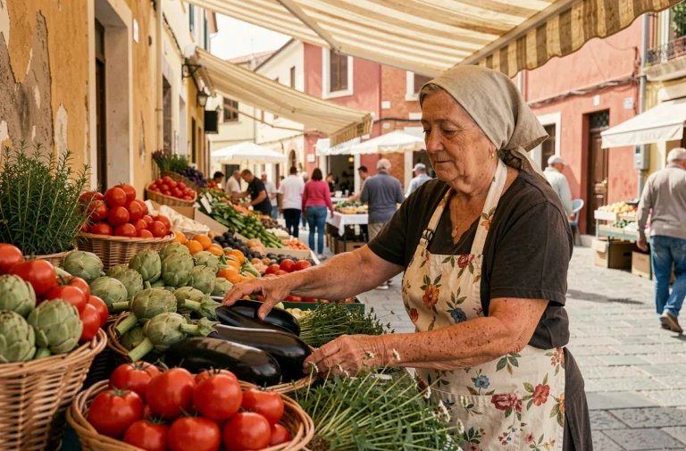Vendeuse sardinienne au marché de Porto Torres présentant des légumes frais locaux sur un étal coloré en plein air