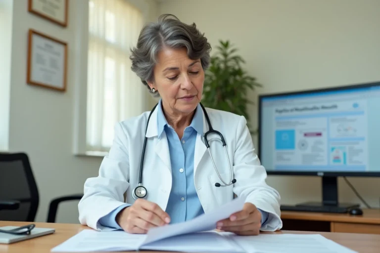 Médecin étrangère vérifiant ses documents administratifs Adeli dans une salle de consultation en France