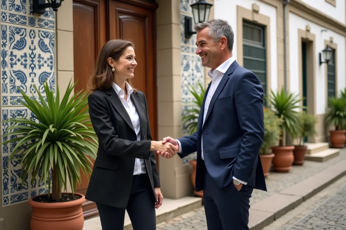 Notaire remettant des clés à un homme devant une maison portugaise