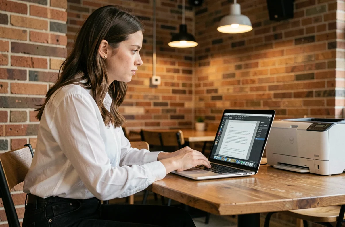 Jeune femme configurant les paramètres d'impression de fichiers PDF sur plusieurs pages depuis un ordinateur portable