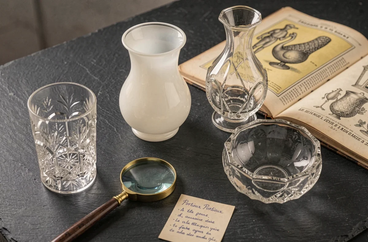 Collection de pièces de verrerie Portieux anciennes disposées sur une ardoise avec un catalogue illustré vintage ouvert