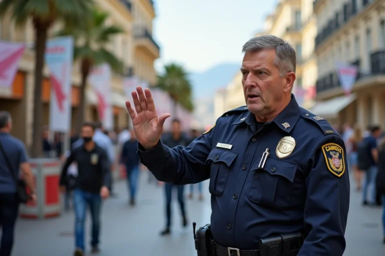 Policier en uniforme sécurise une rue de Cannes