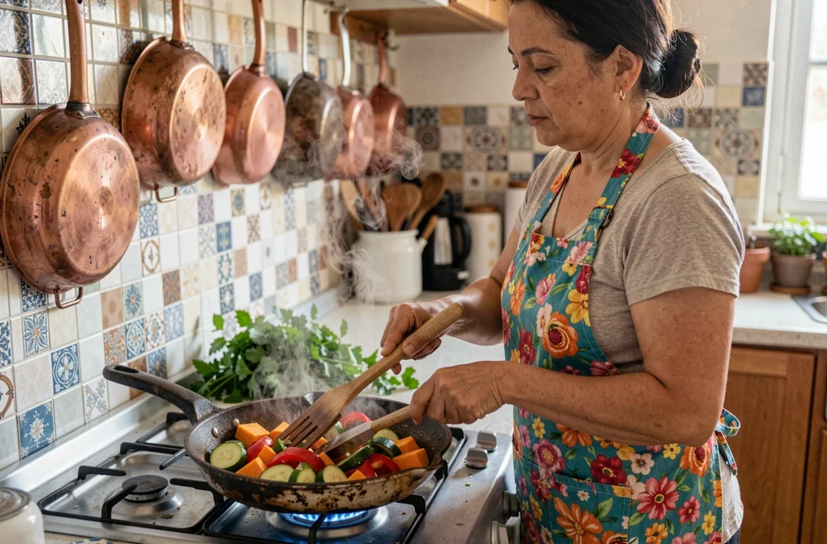 Femme tunisienne préparant le kafteji dans une cuisine traditionnelle avec des légumes frais et une poêle en fonte sur feu vif