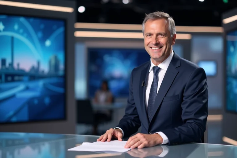 Présentateur TV homme en costume dans un studio moderne