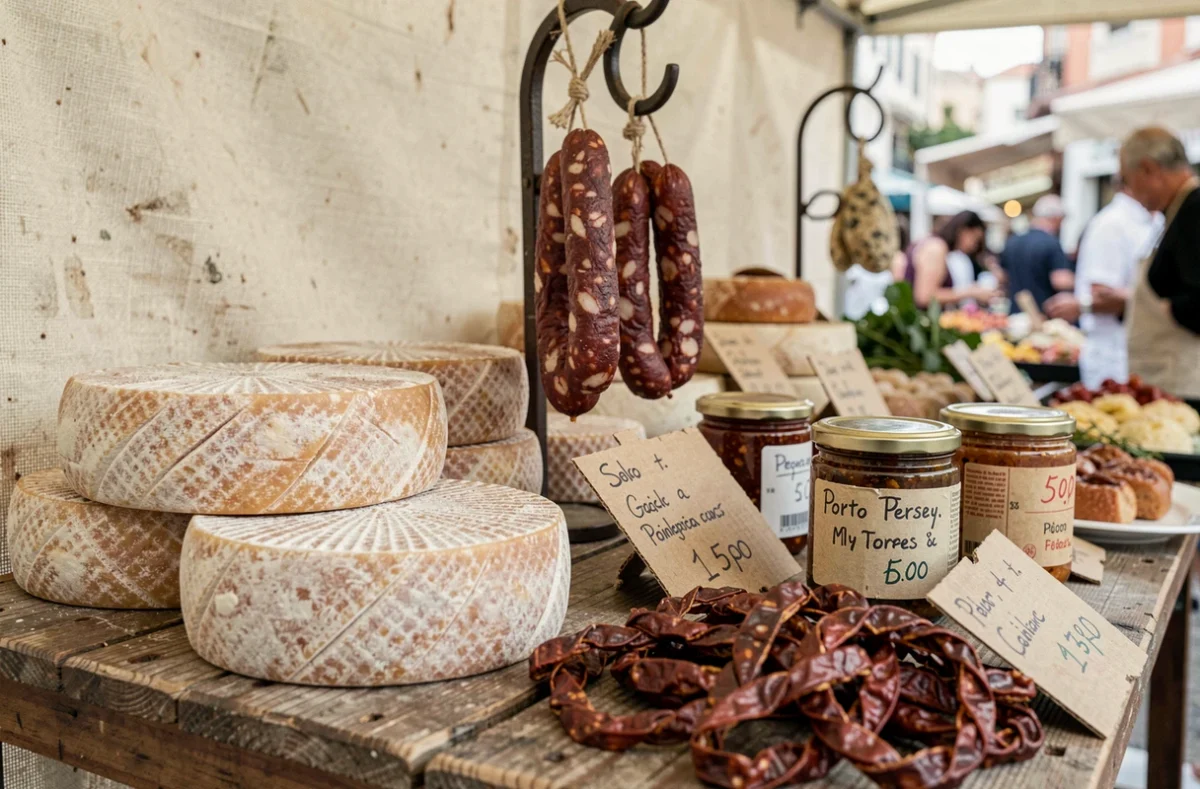Produits typiques sardiniens au marché de Porto Torres : pecorino, charcuterie et confitures artisanales