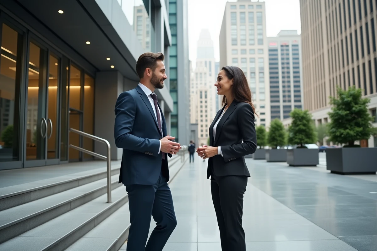 Deux professionnels discutant devant un immeuble financier