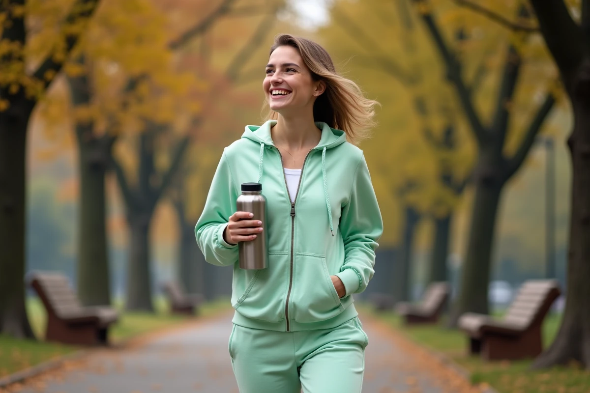 Jeune femme faisant une promenade matinale dans un parc avec une bouteille d'eau pour prendre soin de sa santé et de son bien-être au quotidien