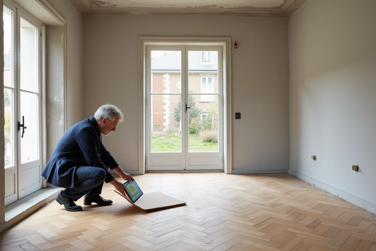 Architecte d'intérieur inspectant un parquet en cours de pose dans un appartement haussmannien en rénovation