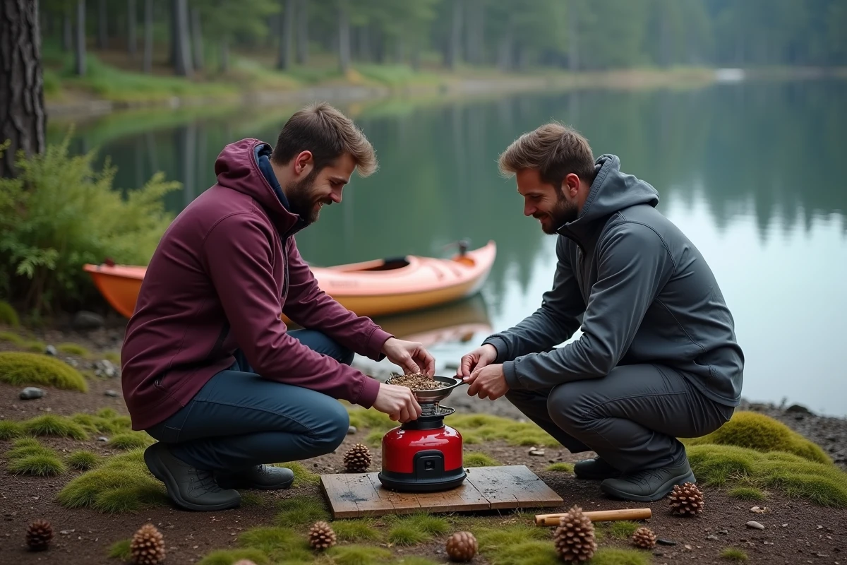 Couple préparant un repas au réchaud de camping au bord d'un lac forestier dans les Landes avec kayak et reflets d'arbres