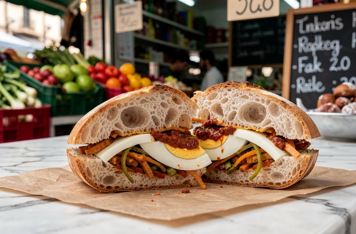 Sandwich kafteji tunisien en coupe dans une baguette croustillante avec légumes frits, œuf et harissa dans un stand de marché