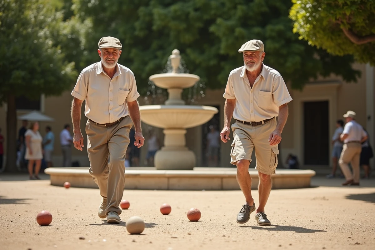 Groupe d'hommes seniors jouant à la pétanque dans une place de village française, symbolisant le vieillissement démographique en France