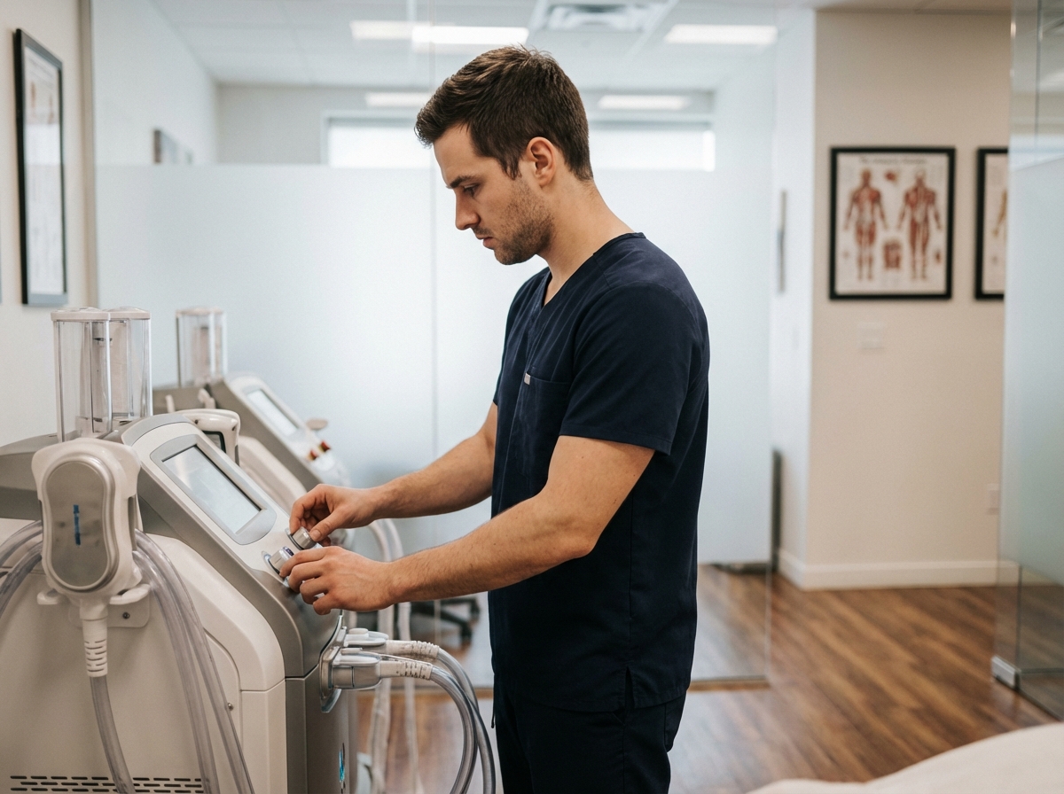 Technicien ajustant la machine de cryolipolise dans un centre de bien-être