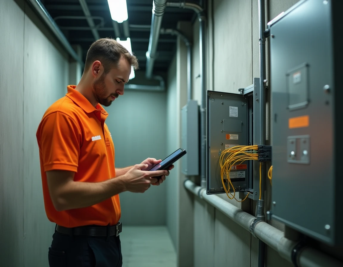 Technicien Orange diagnostiquant un panneau fibre optique pour corriger un code erreur S01-06 de connexion Internet
