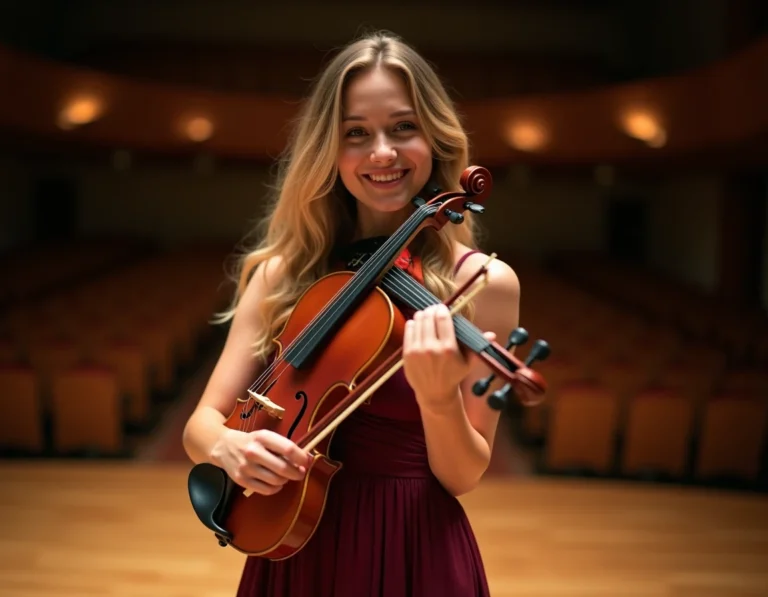Violoniste blonde tenant son violon sur une scène de concert, robe bordeaux, sourire naturel et atmosphère artistique