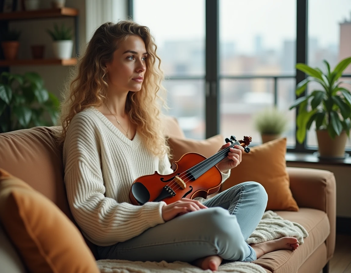 Femme blonde avec un violon dans un salon cosy et moderne, ambiance bohème intimiste pour article de vie personnelle