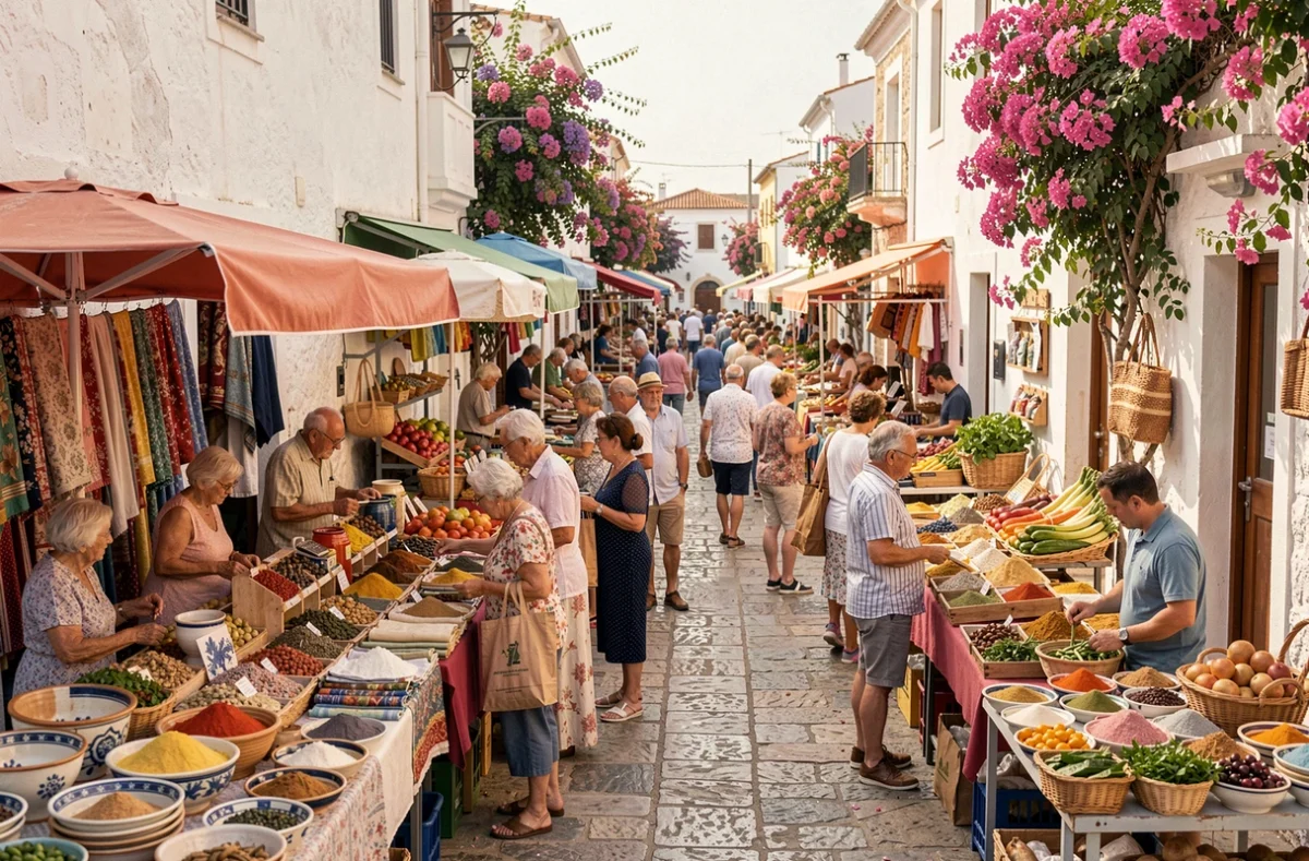 Vue d'ensemble animée du marché hebdomadaire de Porto Torres avec étals et habitants locaux dans une rue pavée